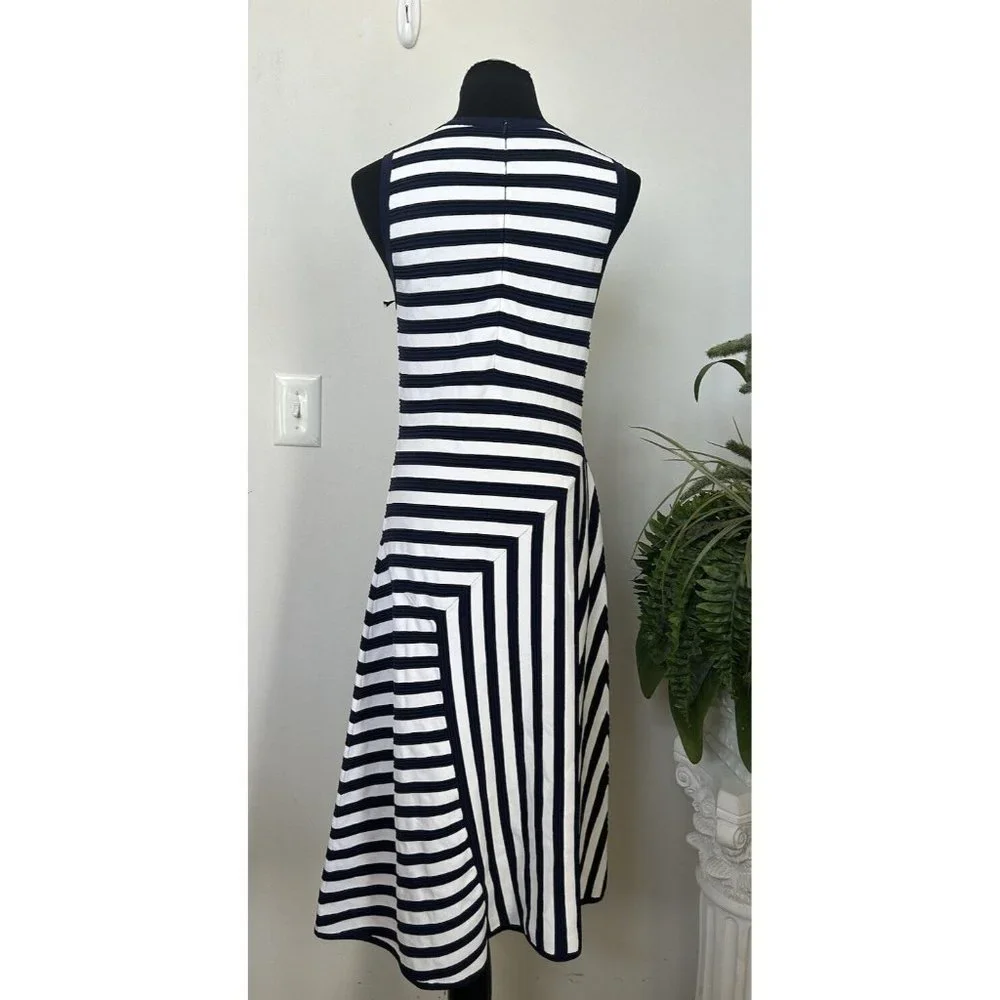 New Michael Michael Kors‎ True Navy White Mixed-Stripe Fit Flare Dress Sz L $225